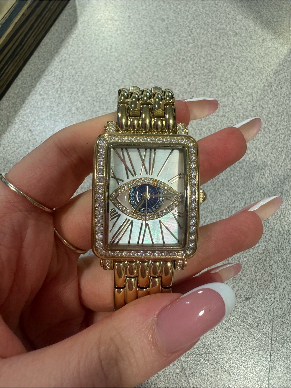 Rarities by Carol Brodie Goldtone Stainless Steel Evil Eye bracelet watch